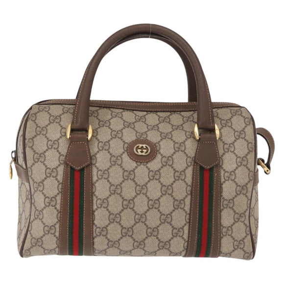 GUCCI GG Supreme Web Sherry Line Boston Bag PVC 2way Beige Gold Auth 97302