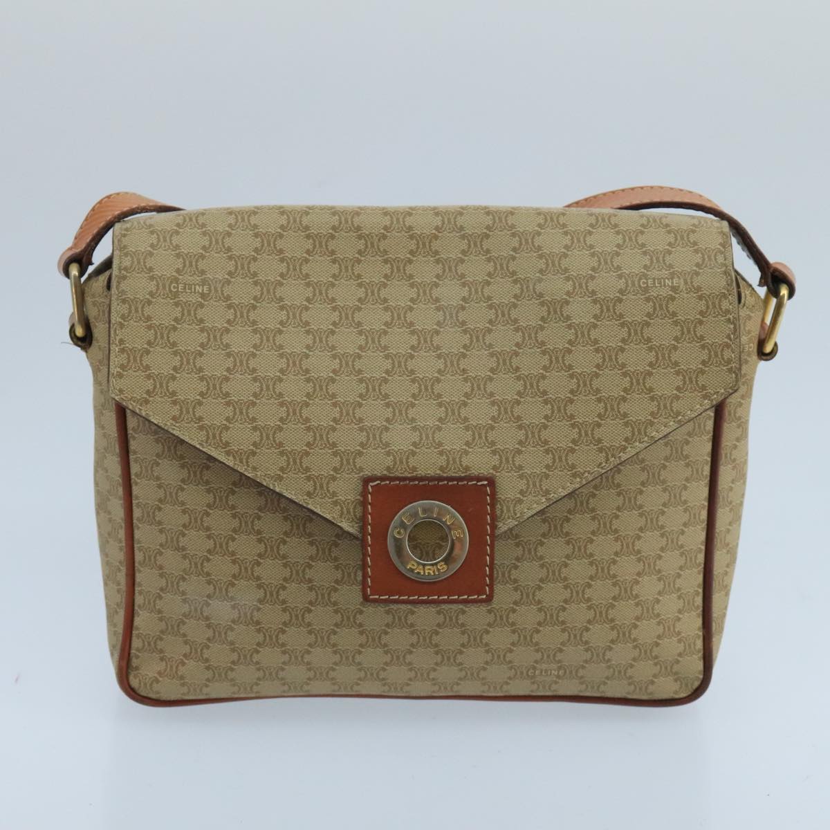 CELINE Macadam Canvas Shoulder Bag Beige Gold Auth 97311