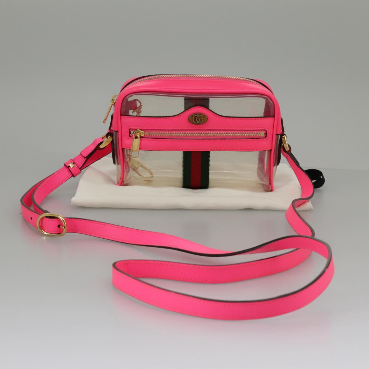 GUCCI Web Sherry Line Shoulder Bag Vinyl Pink Red Green Auth 97389