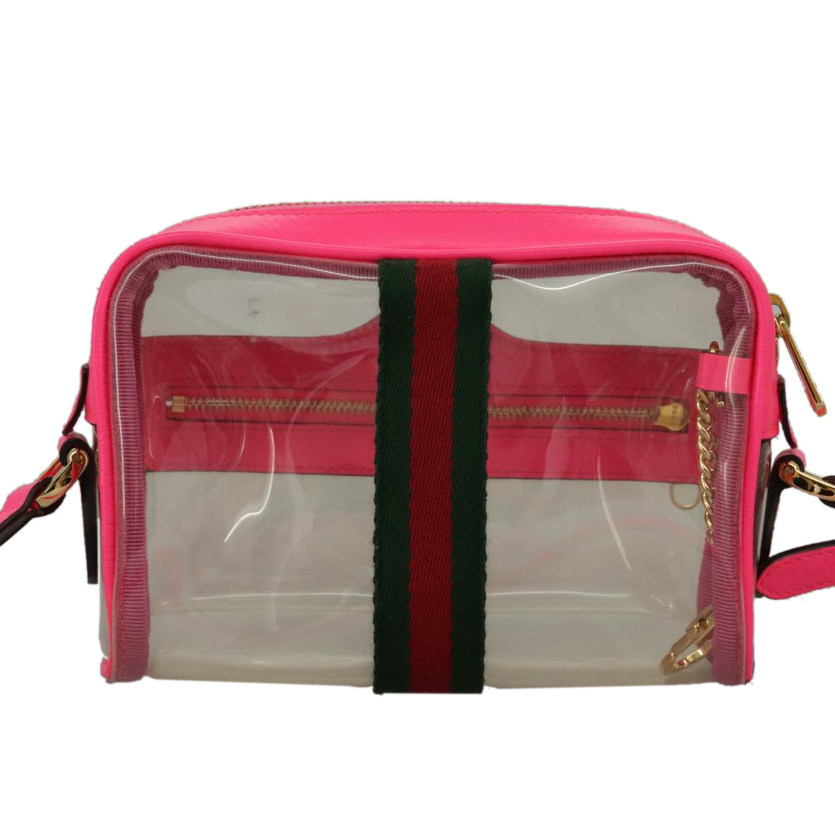 GUCCI Web Sherry Line Shoulder Bag Vinyl Pink Red Green Auth 97389