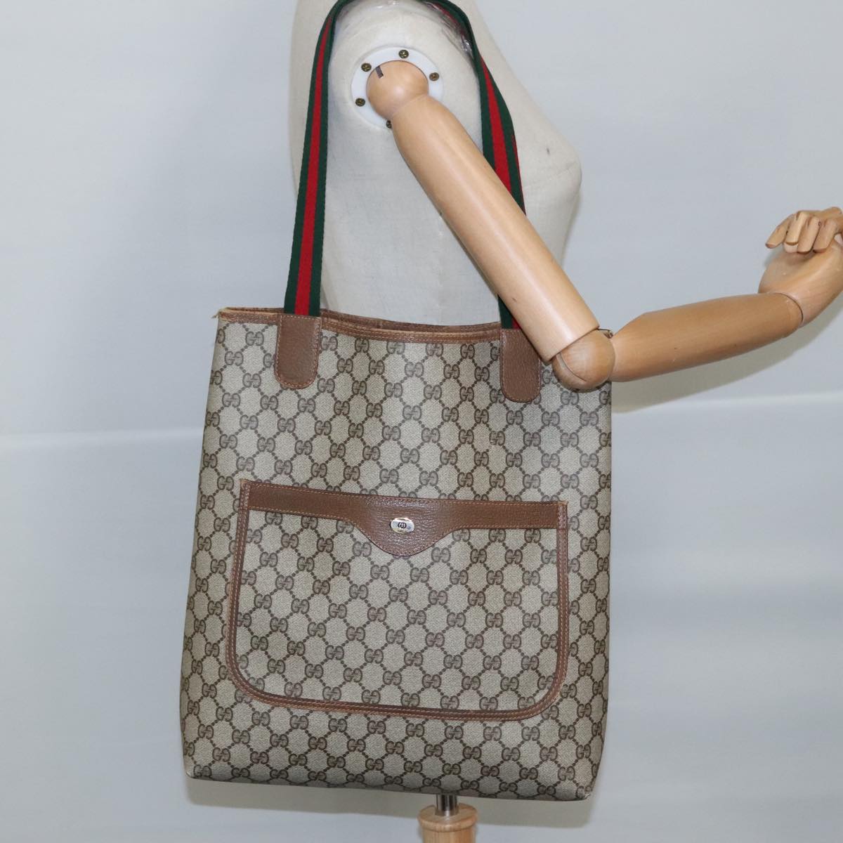 GUCCI GG Supreme Web Sherry Line Tote Bag PVC Leather Beige 39 02 003 Auth 97393