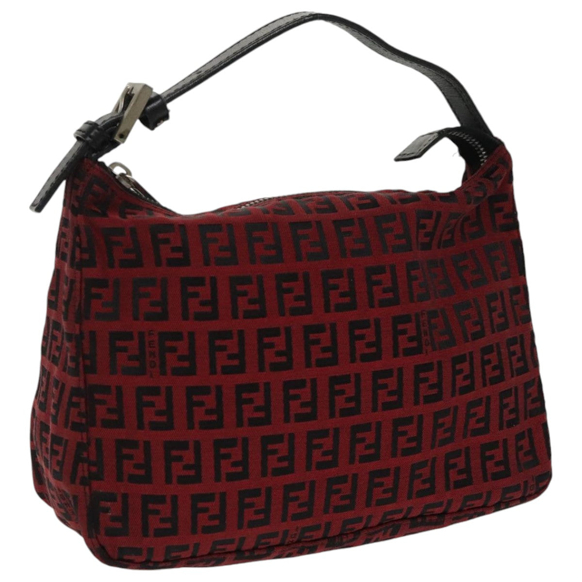 FENDI Zucchino Canvas Hand Bag Red Silver Auth 97411