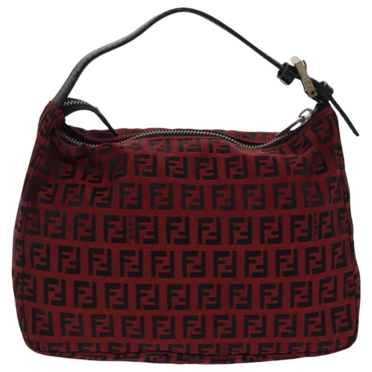 FENDI Zucchino Canvas Hand Bag Red Silver Auth 97411