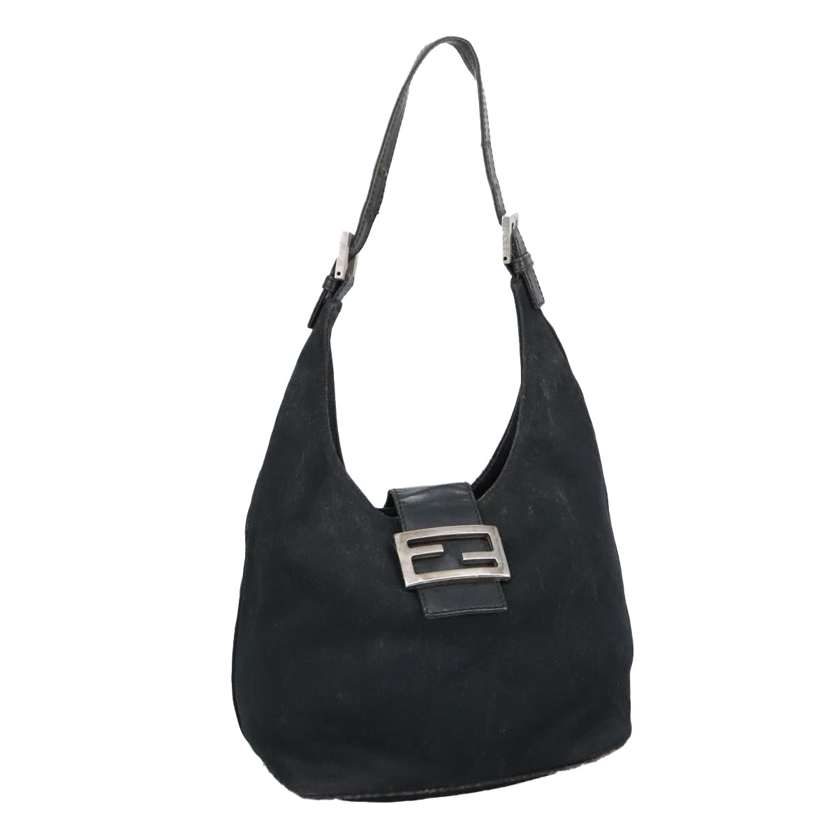 FENDI Mamma Baguette Shoulder Bag Nylon Leather Black Silver Auth 97412