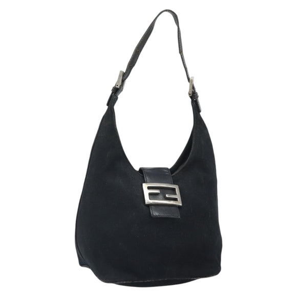 FENDI Mamma Baguette Shoulder Bag Nylon Leather Black Silver Auth 97412
