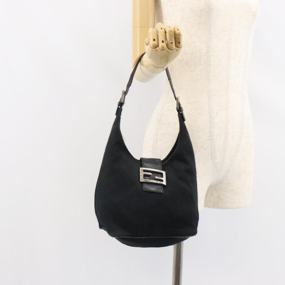 FENDI Mamma Baguette Shoulder Bag Nylon Leather Black Silver Auth 97412