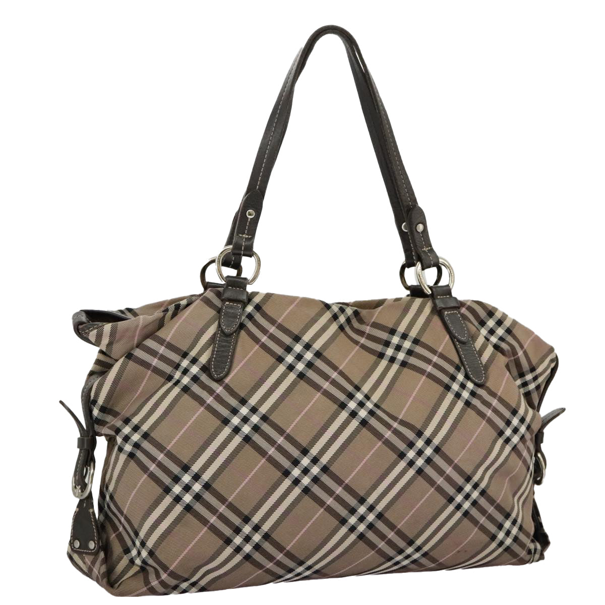 BURBERRY Nova Check Blue Label Tote Bag Nylon Beige Brown Silver Auth 97416