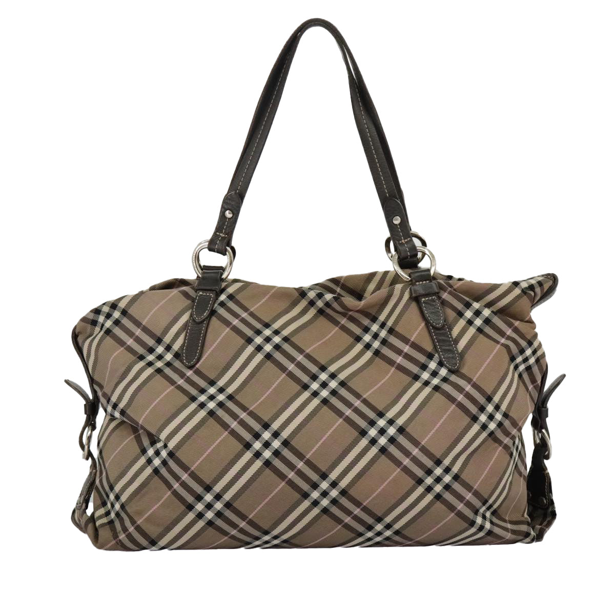 BURBERRY Nova Check Blue Label Tote Bag Nylon Beige Brown Silver Auth 97416