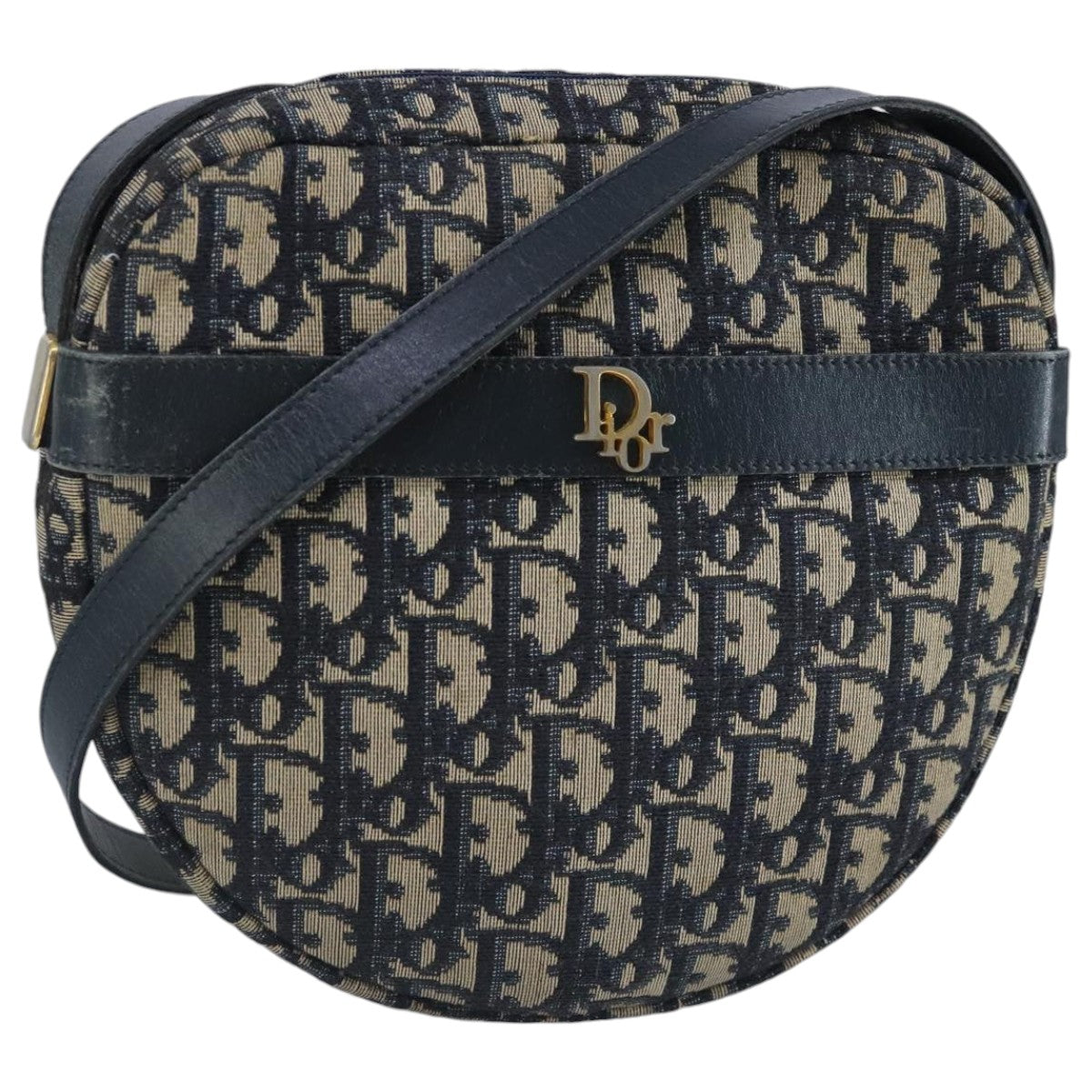 Christian Dior Trotter Canvas Shoulder Bag Navy Gold Auth 97421