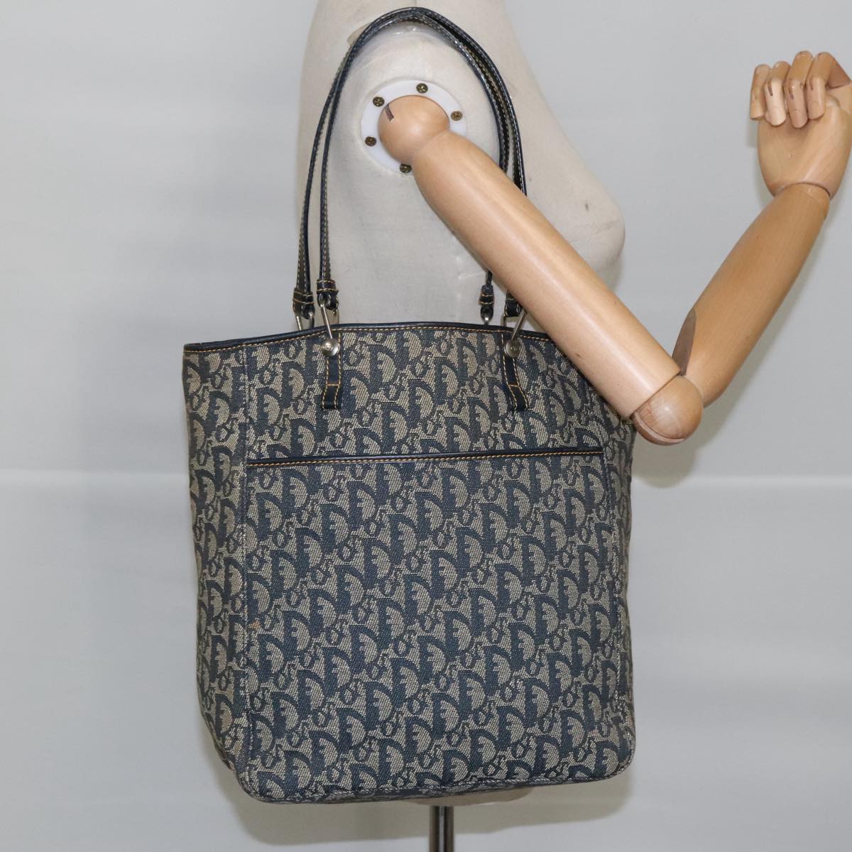 Christian Dior Trotter Canvas Tote Bag Navy Silver Auth 97425