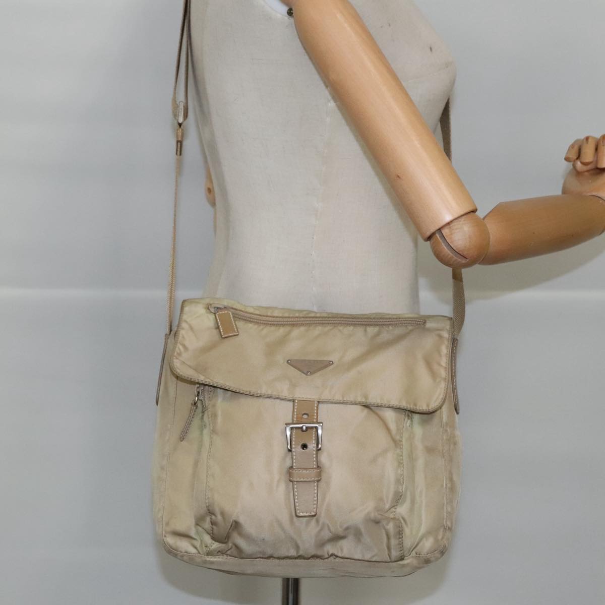 PRADA Shoulder Bag Nylon Beige Silver Auth 97426