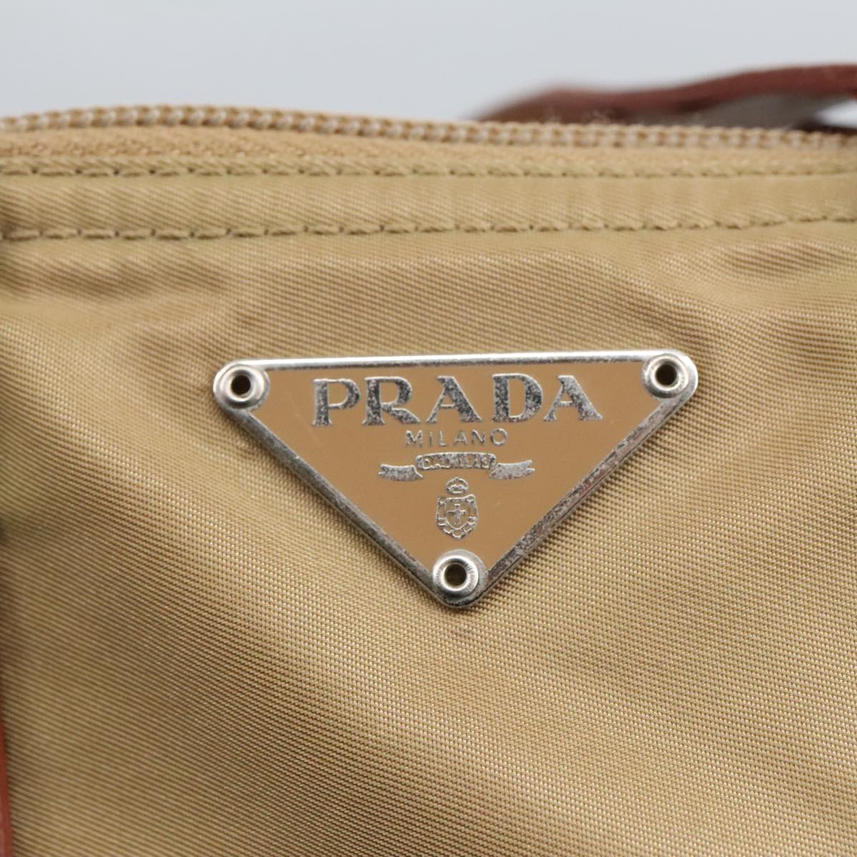 PRADA Hand Bag Nylon Beige Silver Auth 97427