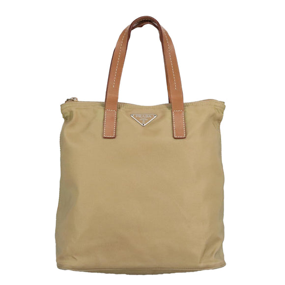 PRADA Hand Bag Nylon Beige Silver Auth 97427