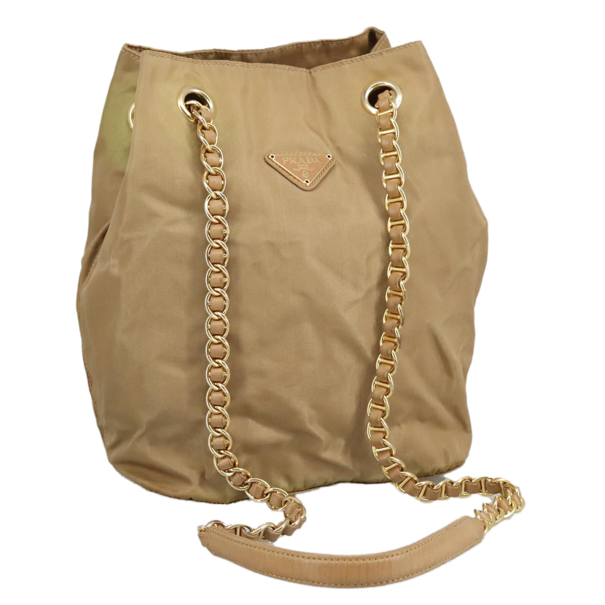 PRADA Chain Shoulder Bag Nylon Beige Gold Auth 97428