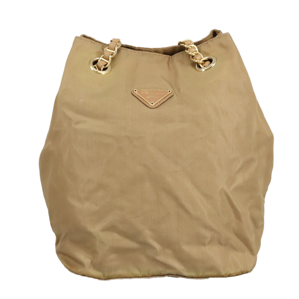 PRADA Chain Shoulder Bag Nylon Beige Gold Auth 97428