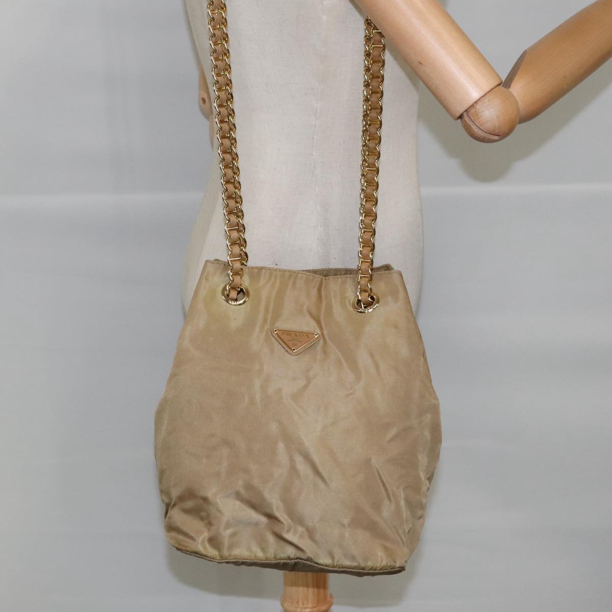 PRADA Chain Shoulder Bag Nylon Beige Gold Auth 97428