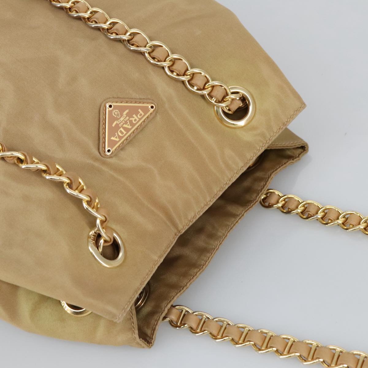 PRADA Chain Shoulder Bag Nylon Beige Gold Auth 97428