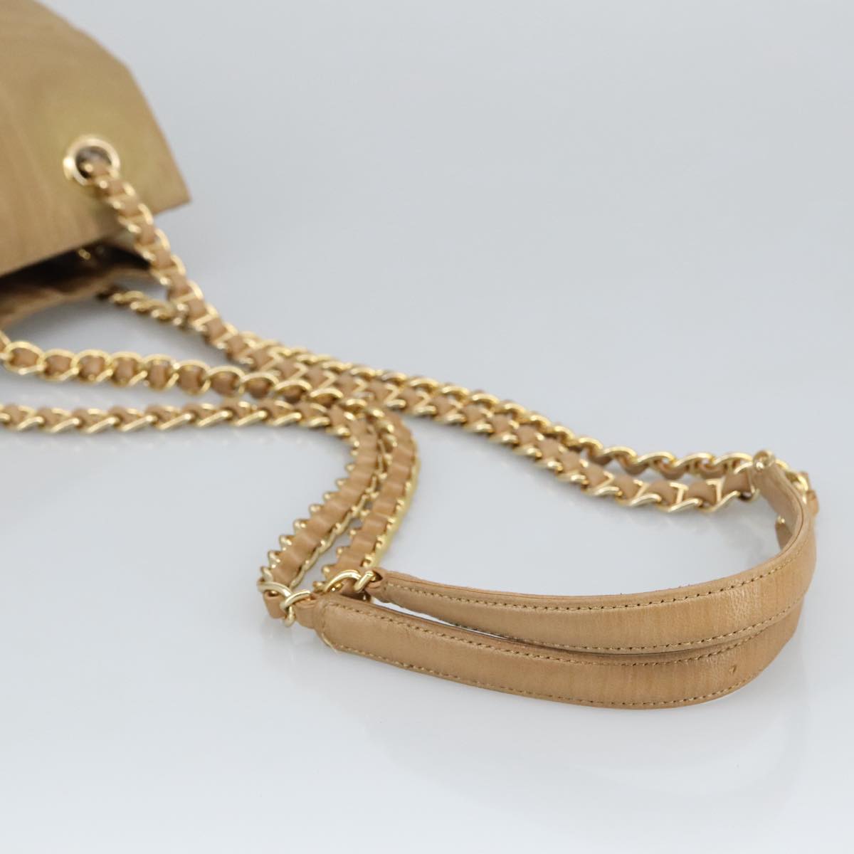 PRADA Chain Shoulder Bag Nylon Beige Gold Auth 97428