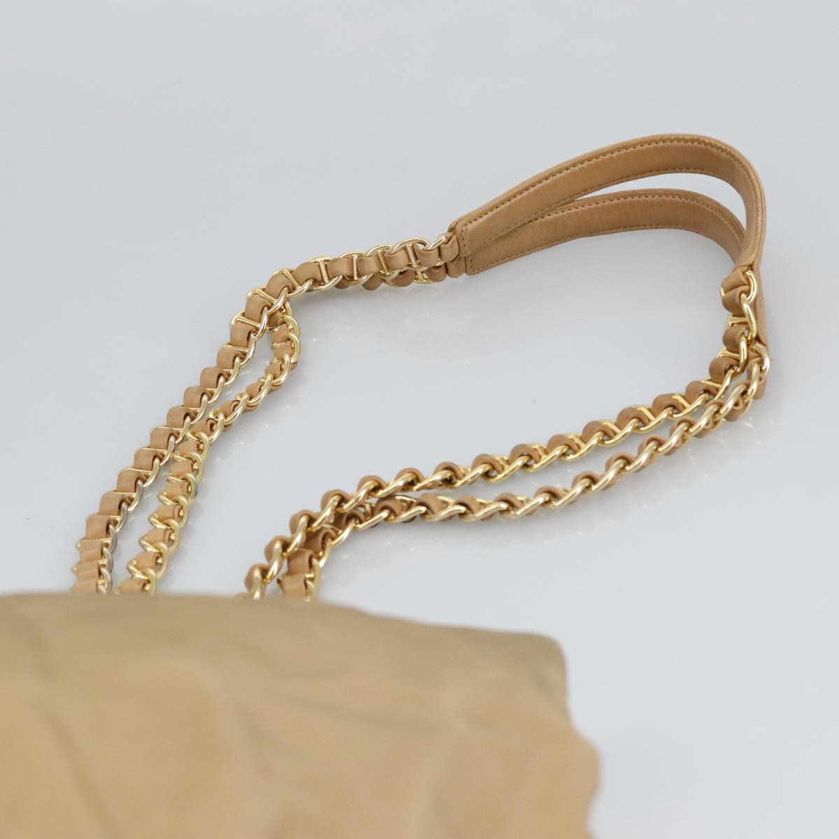 PRADA Chain Shoulder Bag Nylon Beige Gold Auth 97428