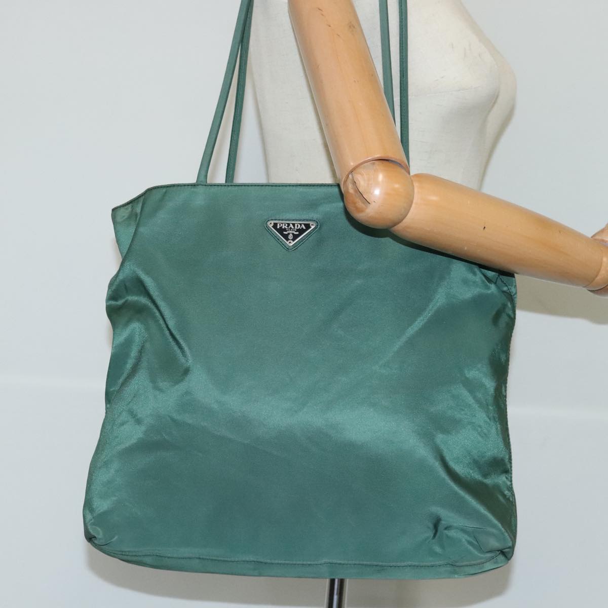 PRADA Tote Bag Nylon Green Silver Auth 97430