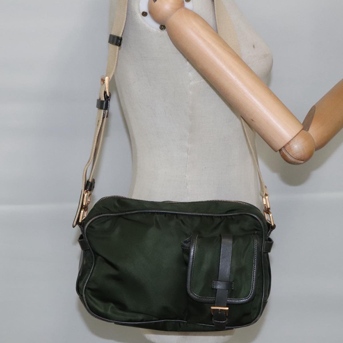 PRADA Shoulder Bag Nylon Khaki Beige Gold Auth 97440