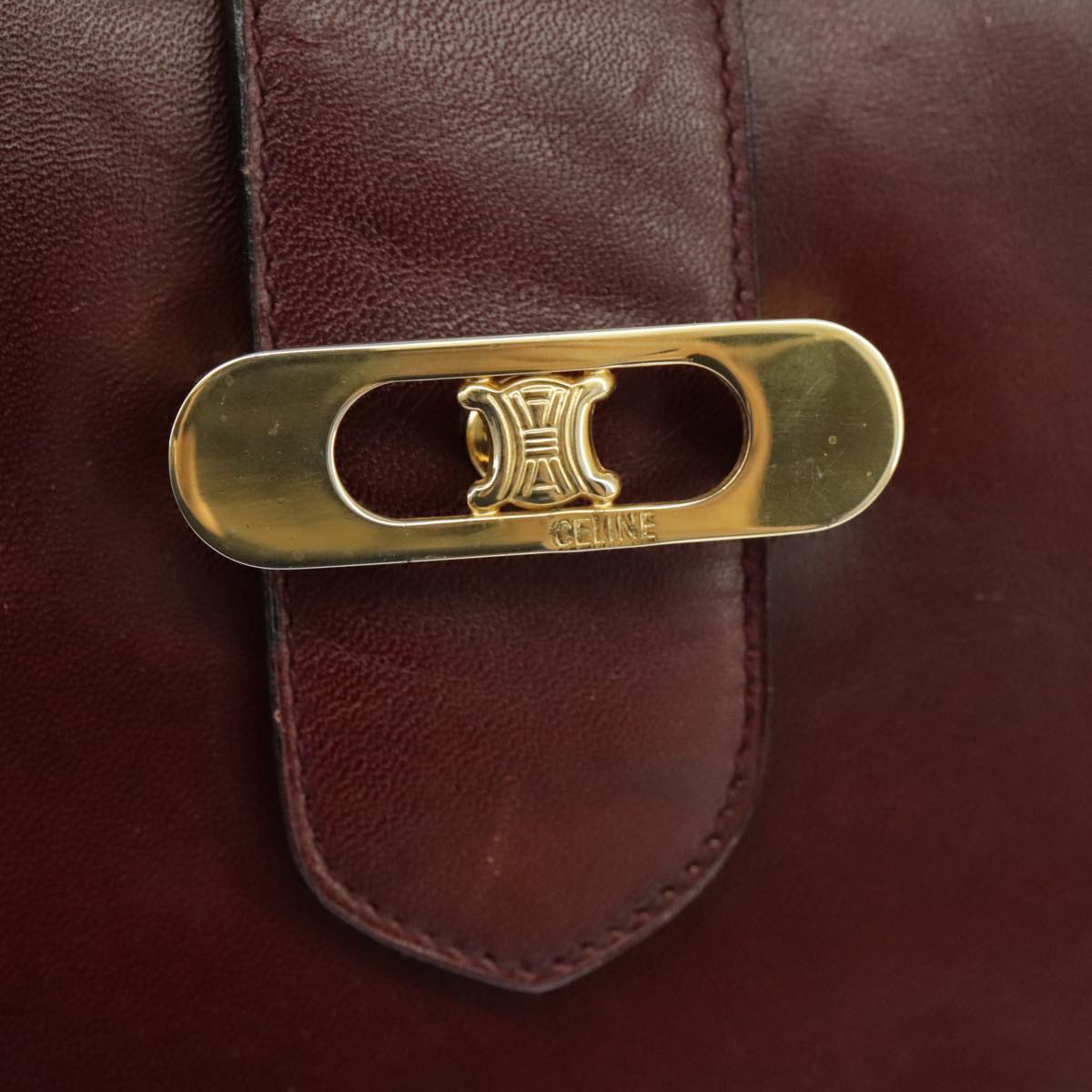 CELINE Hand Bag Leather Bordeaux Gold Auth 97447