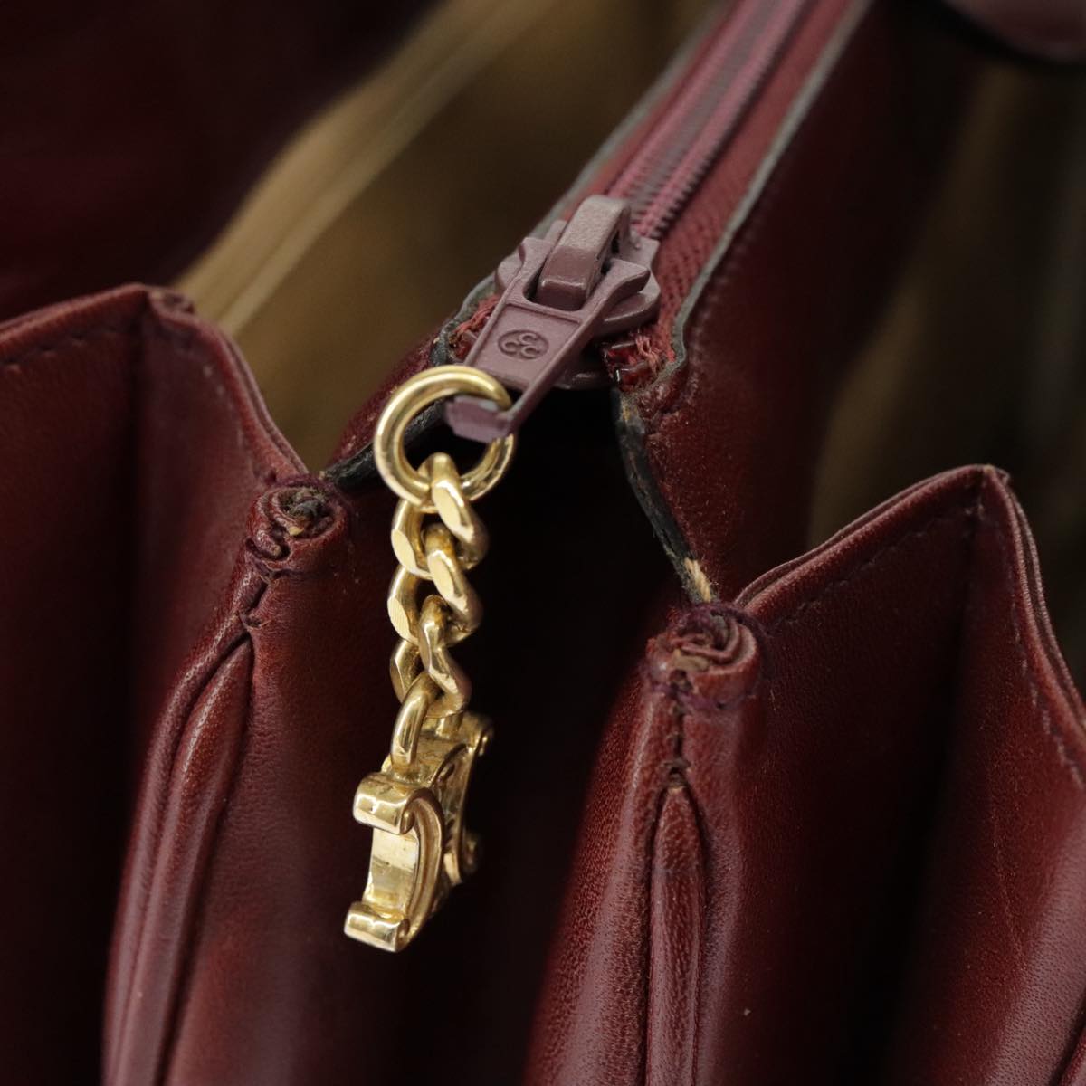 CELINE Hand Bag Leather Bordeaux Gold Auth 97447