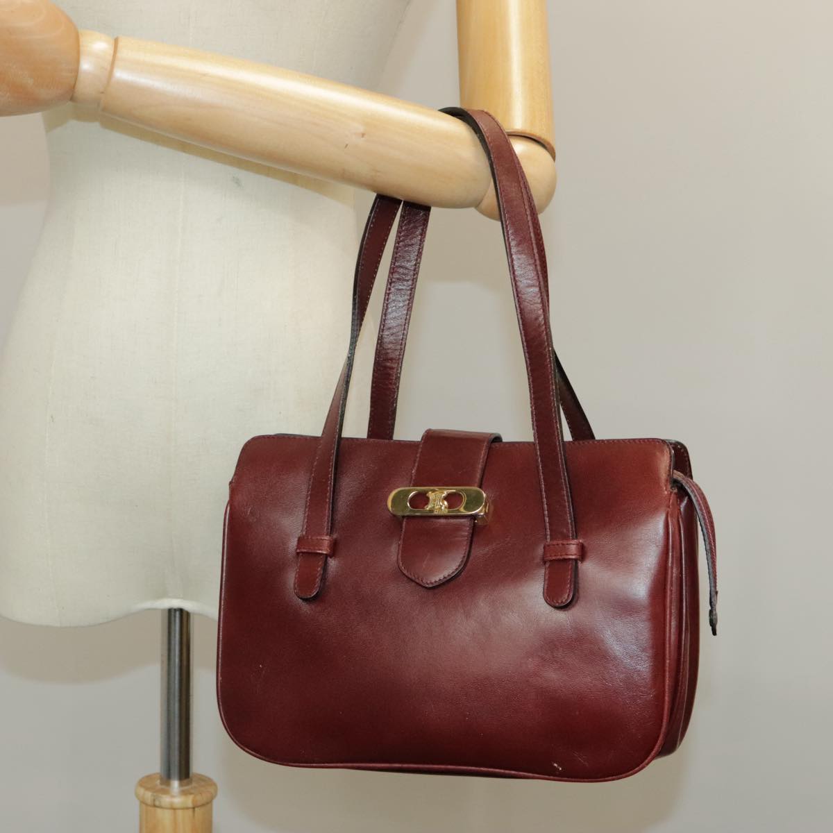 CELINE Hand Bag Leather Bordeaux Gold Auth 97447