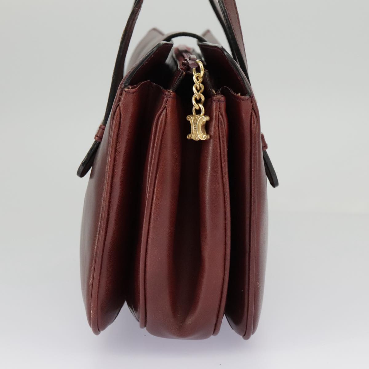 CELINE Hand Bag Leather Bordeaux Gold Auth 97447