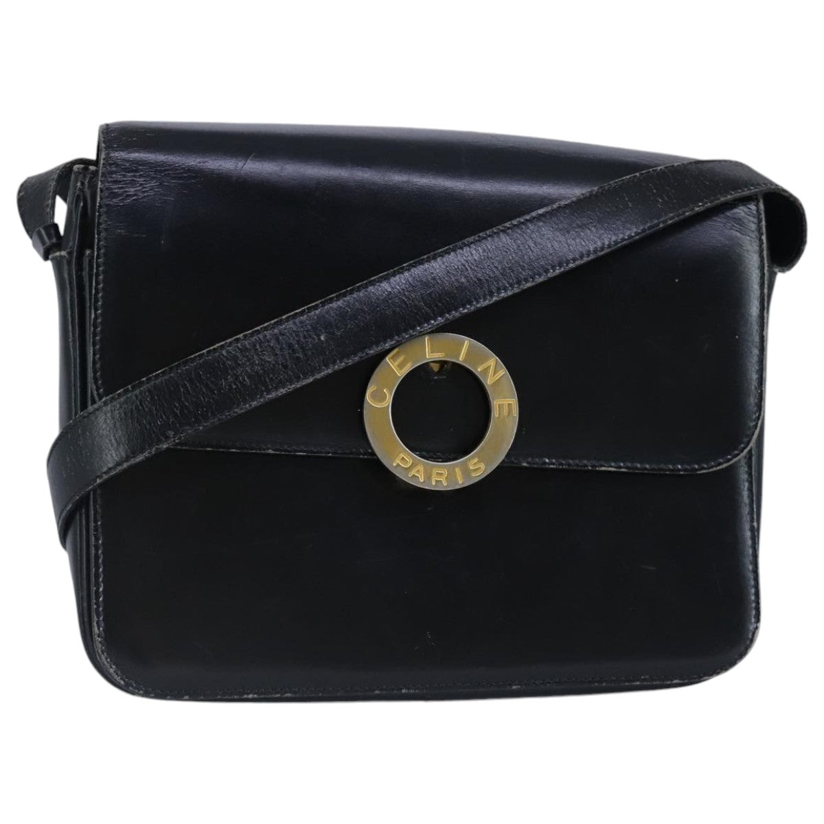 CELINE Shoulder Bag Leather Black Gold Auth 97448