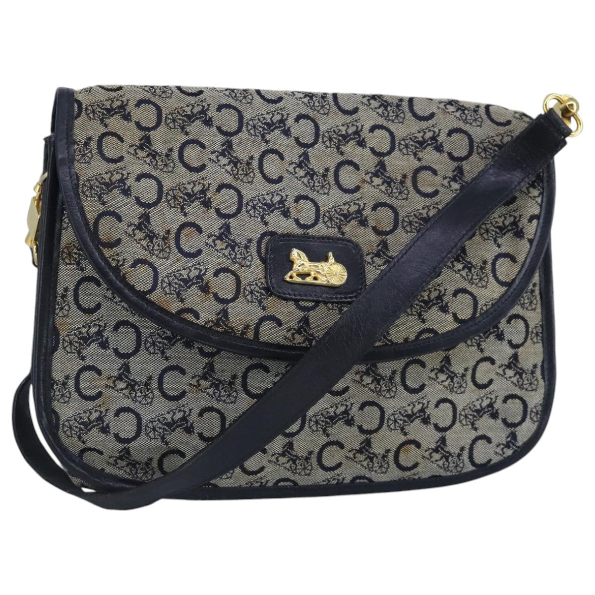 CELINE C Sulky Shoulder Bag Canvas Navy Gold Auth 97449