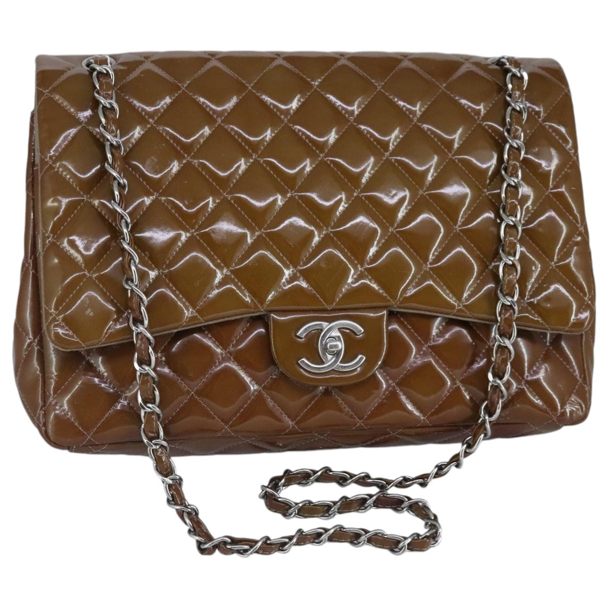 CHANEL Matelasse Chain Shoulder Bag Enamel Brown Silver CC Auth 97455