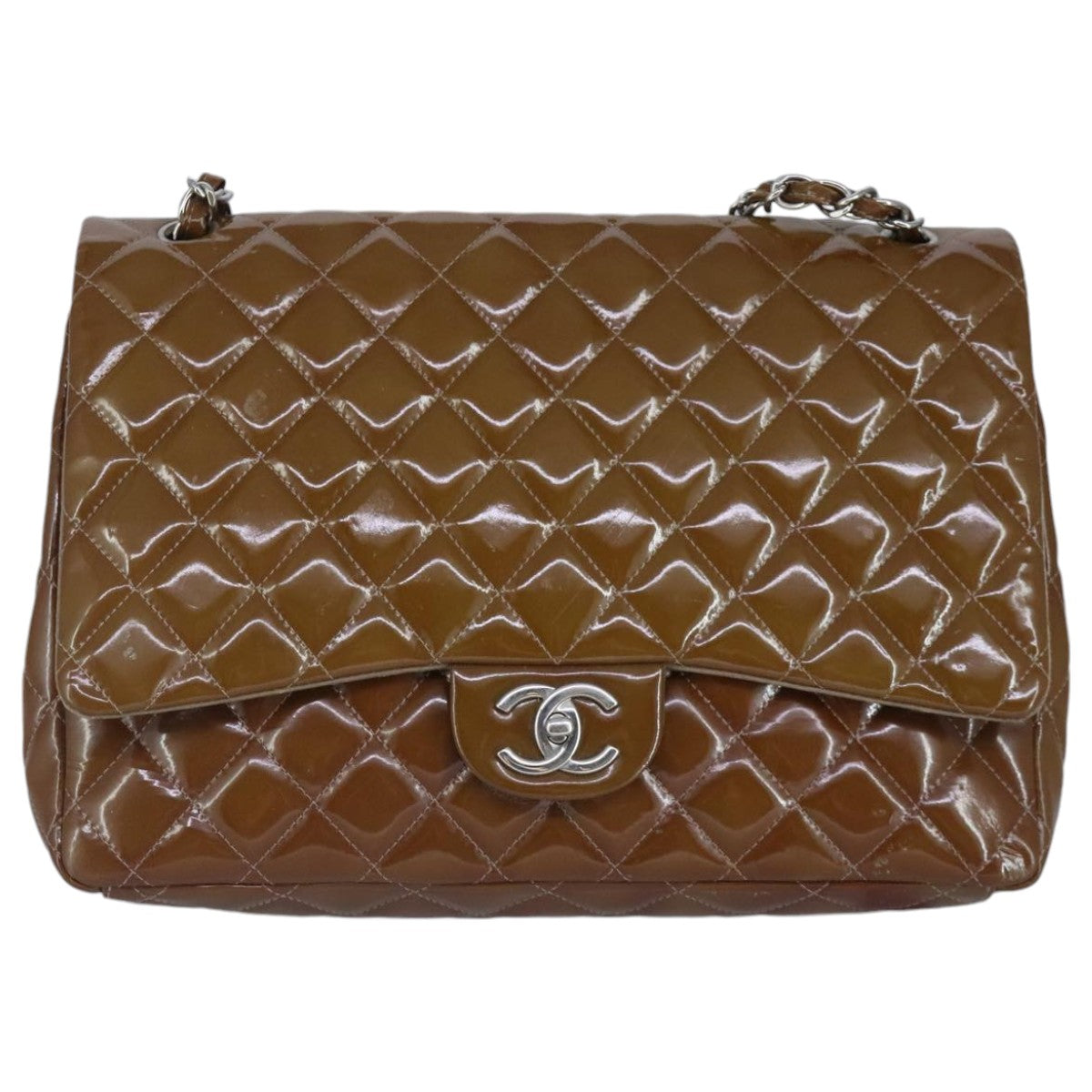 CHANEL Matelasse Chain Shoulder Bag Enamel Brown Silver CC Auth 97455 - 0