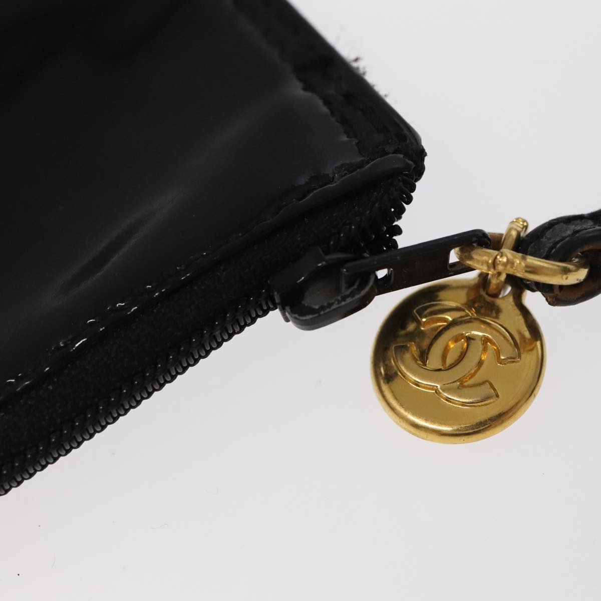 CHANEL Shoulder Bag Enamel Black Gold CC Auth 97456