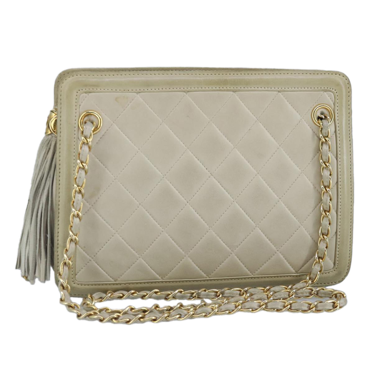 CHANEL Matelasse Chain Shoulder Bag Lamb Skin Beige Gold CC Auth 97457