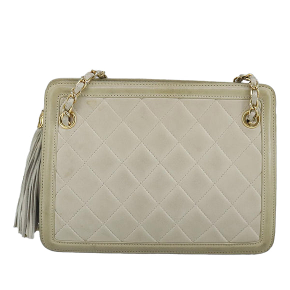 CHANEL Matelasse Chain Shoulder Bag Lamb Skin Beige Gold CC Auth 97457