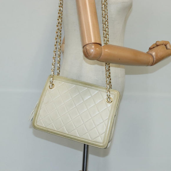 CHANEL Matelasse Chain Shoulder Bag Lamb Skin Beige Gold CC Auth 97457