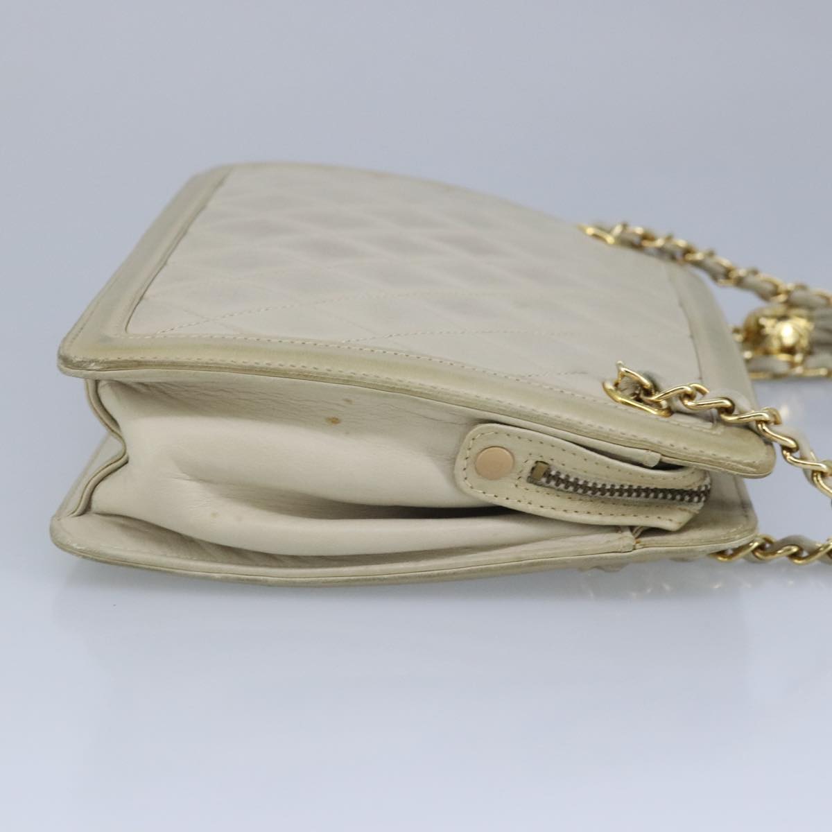 CHANEL Matelasse Chain Shoulder Bag Lamb Skin Beige Gold CC Auth 97457