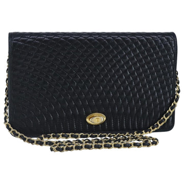 BALLY Chain Shoulder Bag Leather Navy Gold Auth 97461