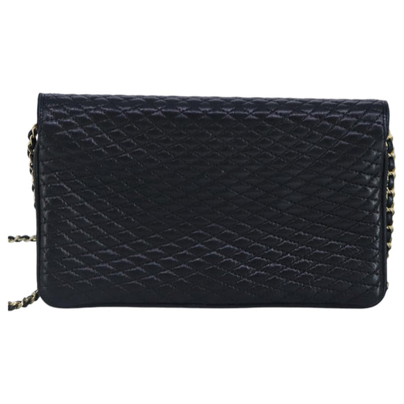 BALLY Chain Shoulder Bag Leather Navy Gold Auth 97461