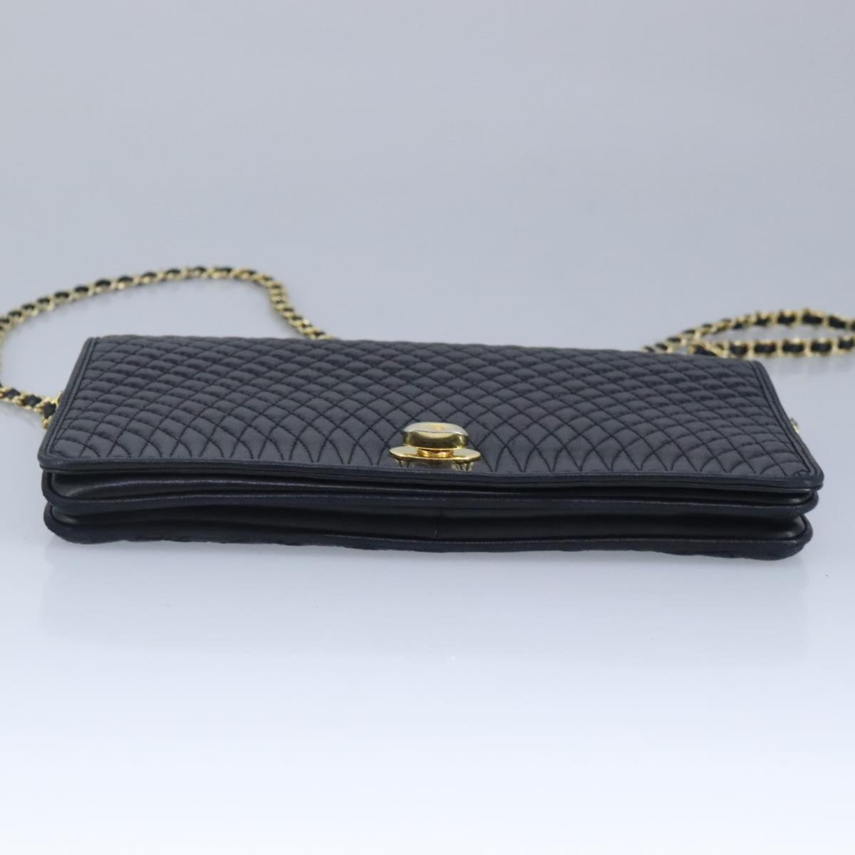 BALLY Chain Shoulder Bag Leather Navy Gold Auth 97461