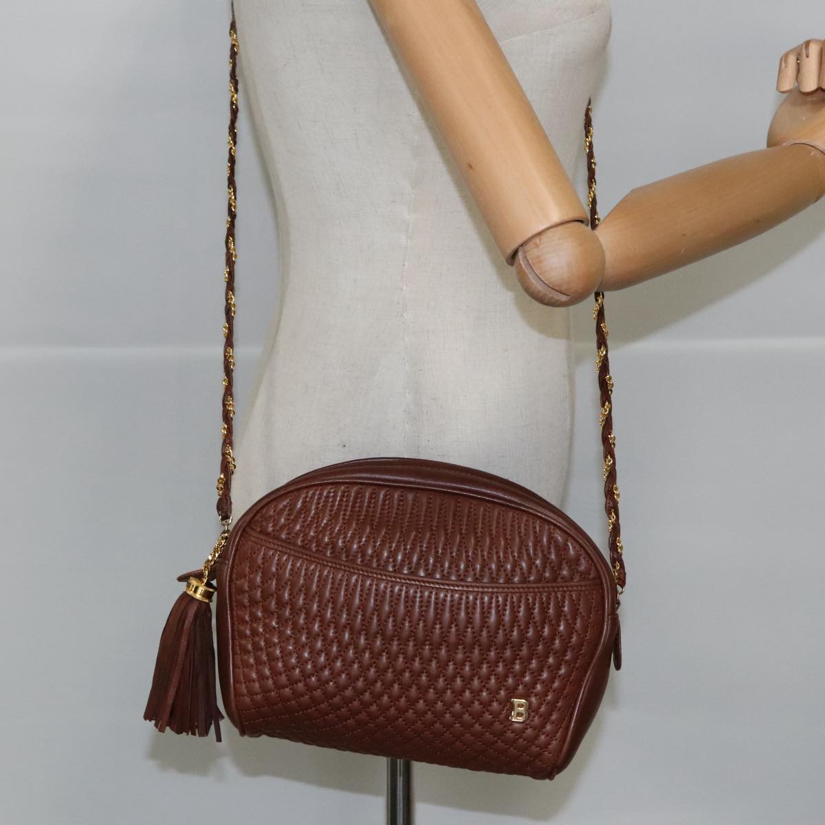 BALLY Chain Shoulder Bag Leather Brown Gold Auth 97464