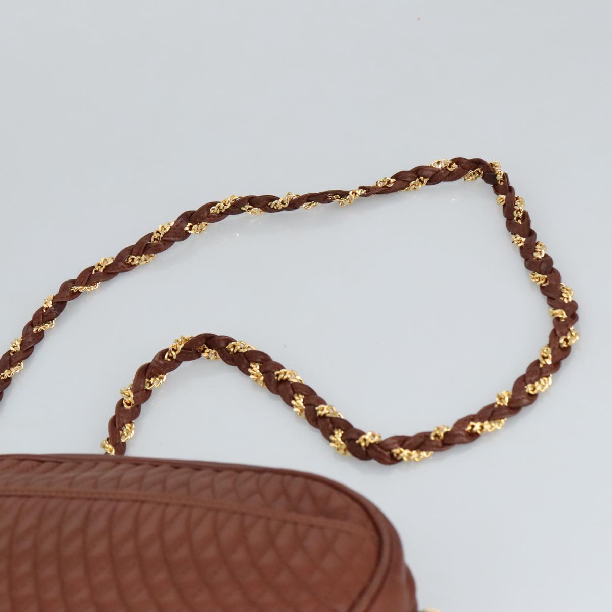 BALLY Chain Shoulder Bag Leather Brown Gold Auth 97464