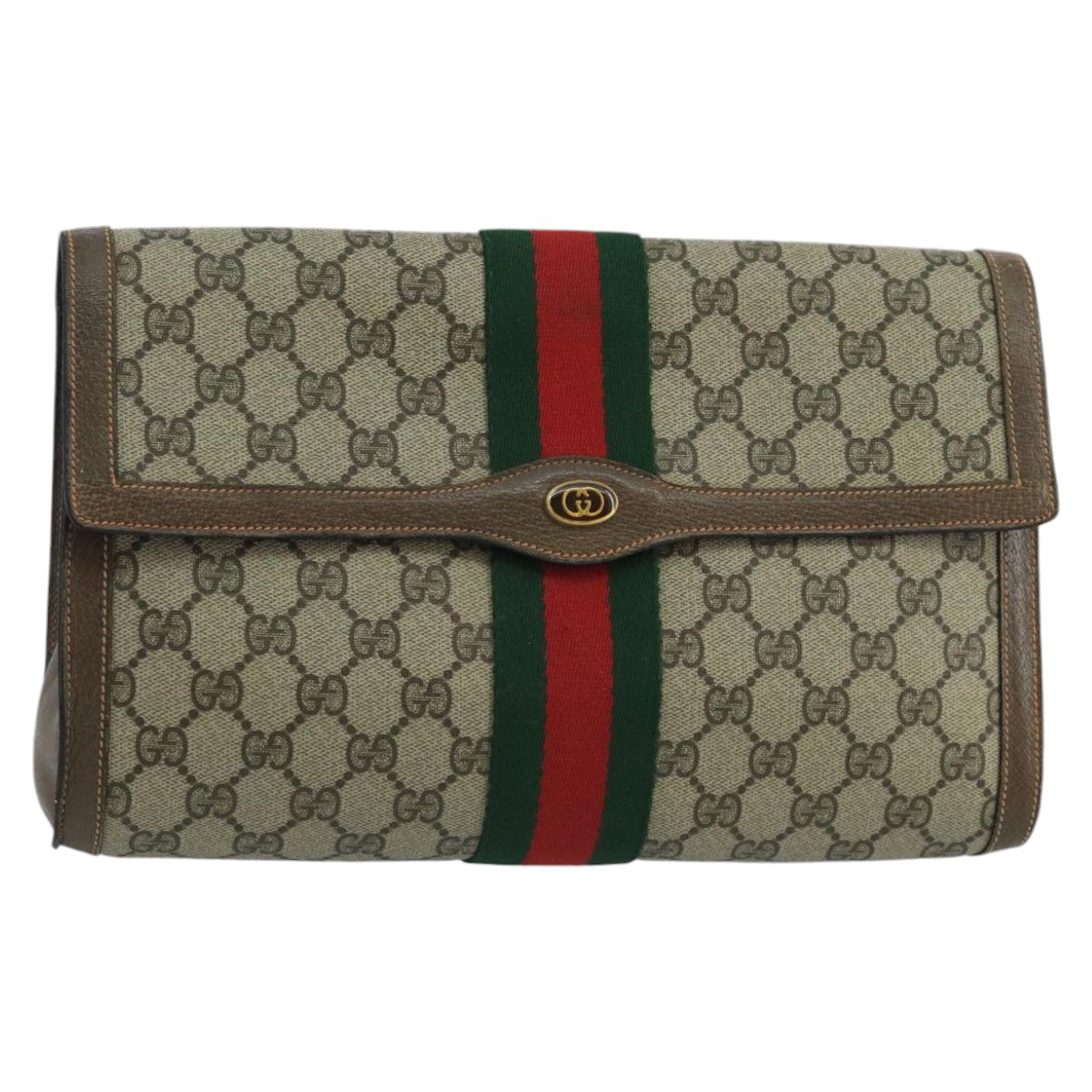 GUCCI GG Supreme Web Sherry Line Clutch Bag PVC Beige Red 89 01 007 Auth 97479