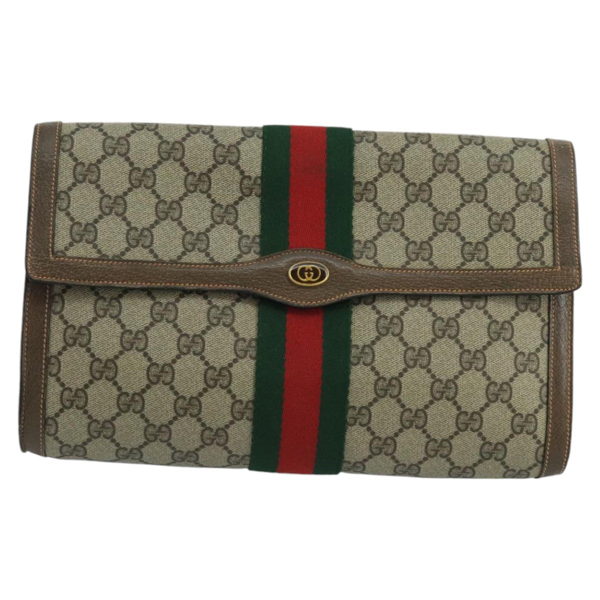 GUCCI GG Supreme Web Sherry Line Clutch Bag PVC Beige Red 89 01 007 Auth 97479 - 0