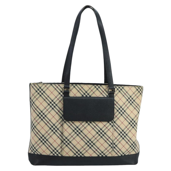 BURBERRY Nova Check Tote Bag Canvas Leather Beige Silver Auth 97482