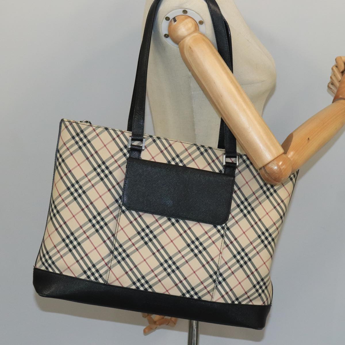 BURBERRY Nova Check Tote Bag Canvas Leather Beige Silver Auth 97482