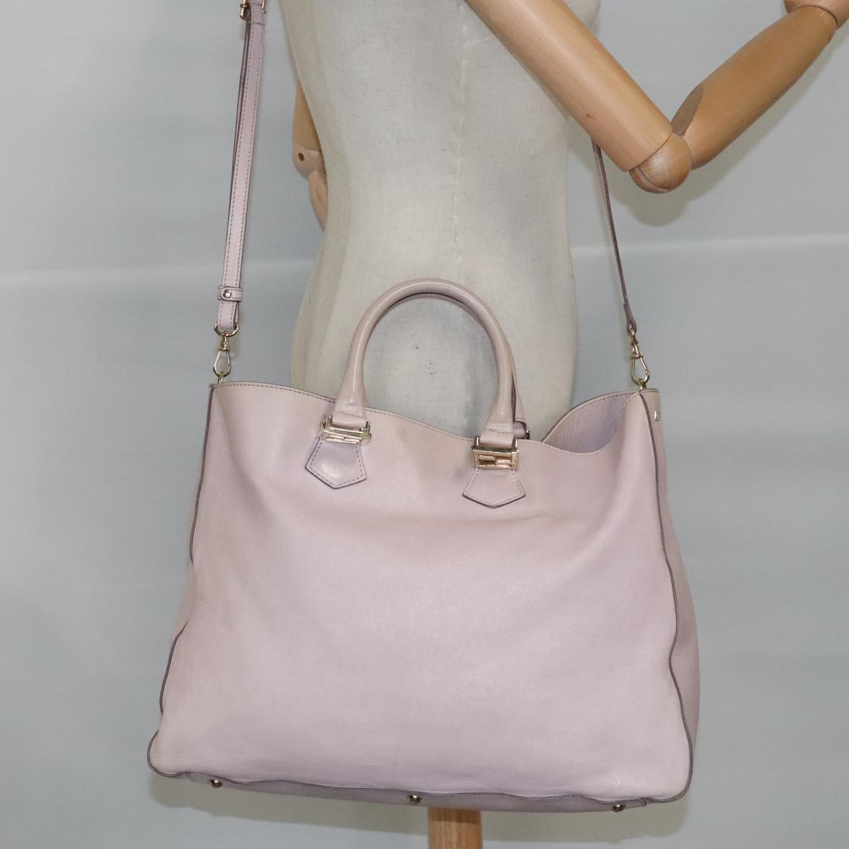 FENDI Hand Bag Leather 2way Pink Gold Auth 97494