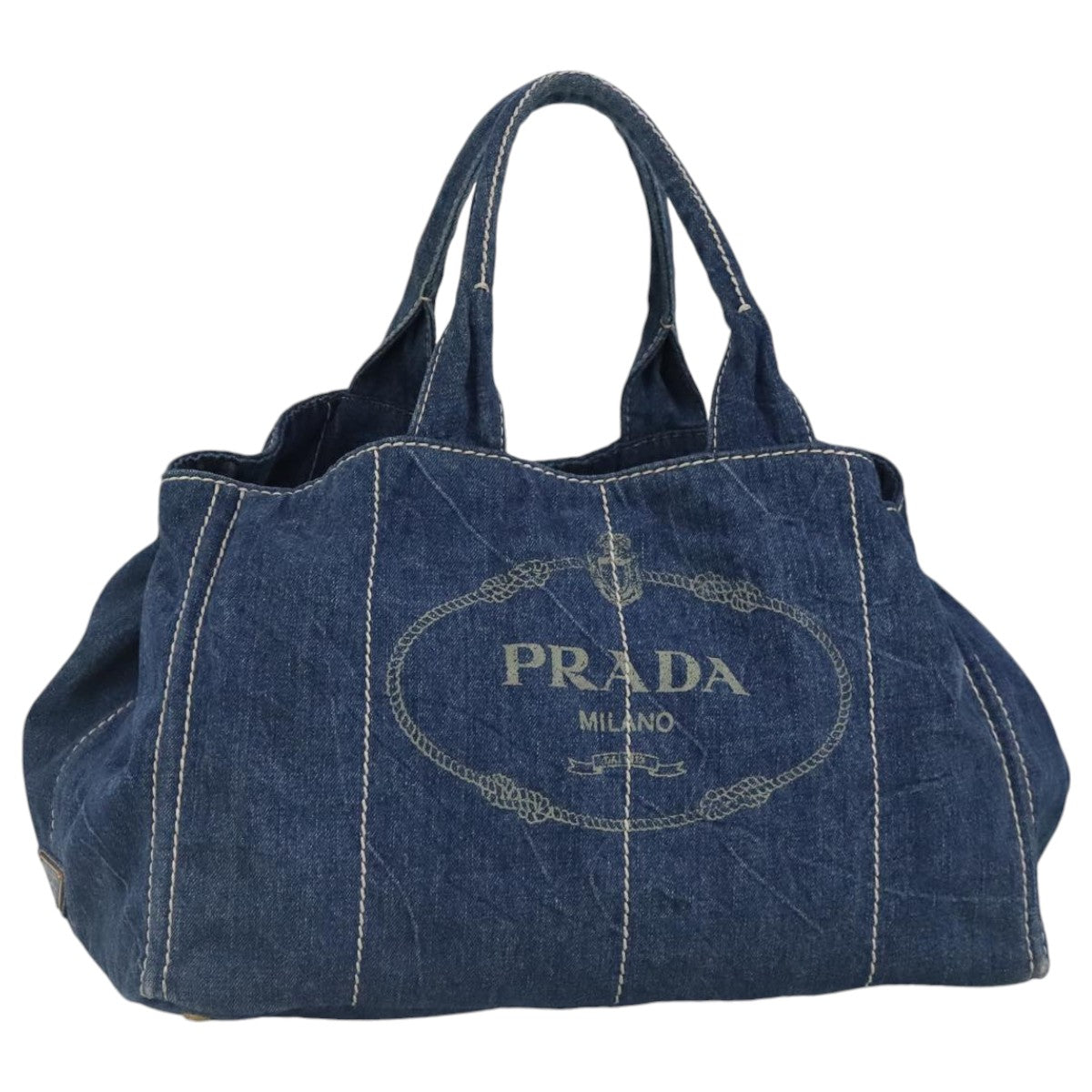 PRADA Canapa GM Hand Bag Denim Blue Gold Auth 97495