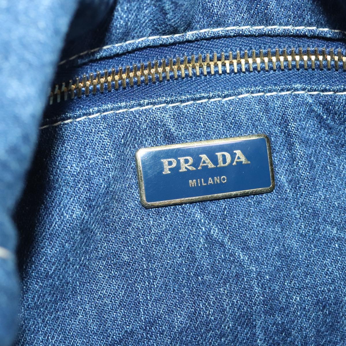 PRADA Canapa GM Hand Bag Denim Blue Gold Auth 97495